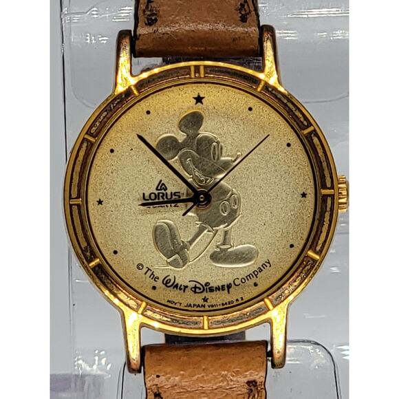 Vintage Lorus Disney Mickey Mouse Watch Women Gold Tone Leather Band